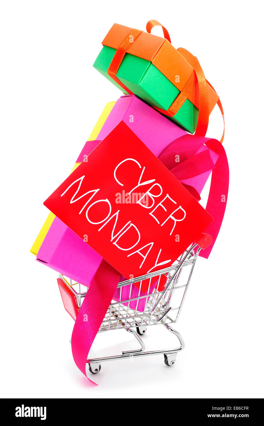 a pile of gifts in a shopping cart and a red signboard with the text cyber monday written in it, on a white background Stock Photo