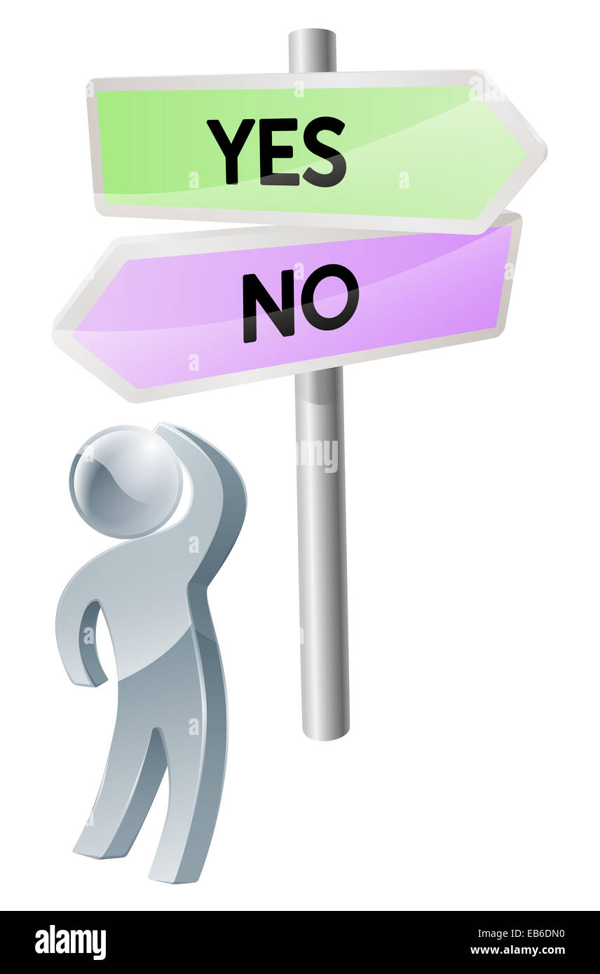 A person with a decision to make looking up at a sign with yes or no on it Stock Photo