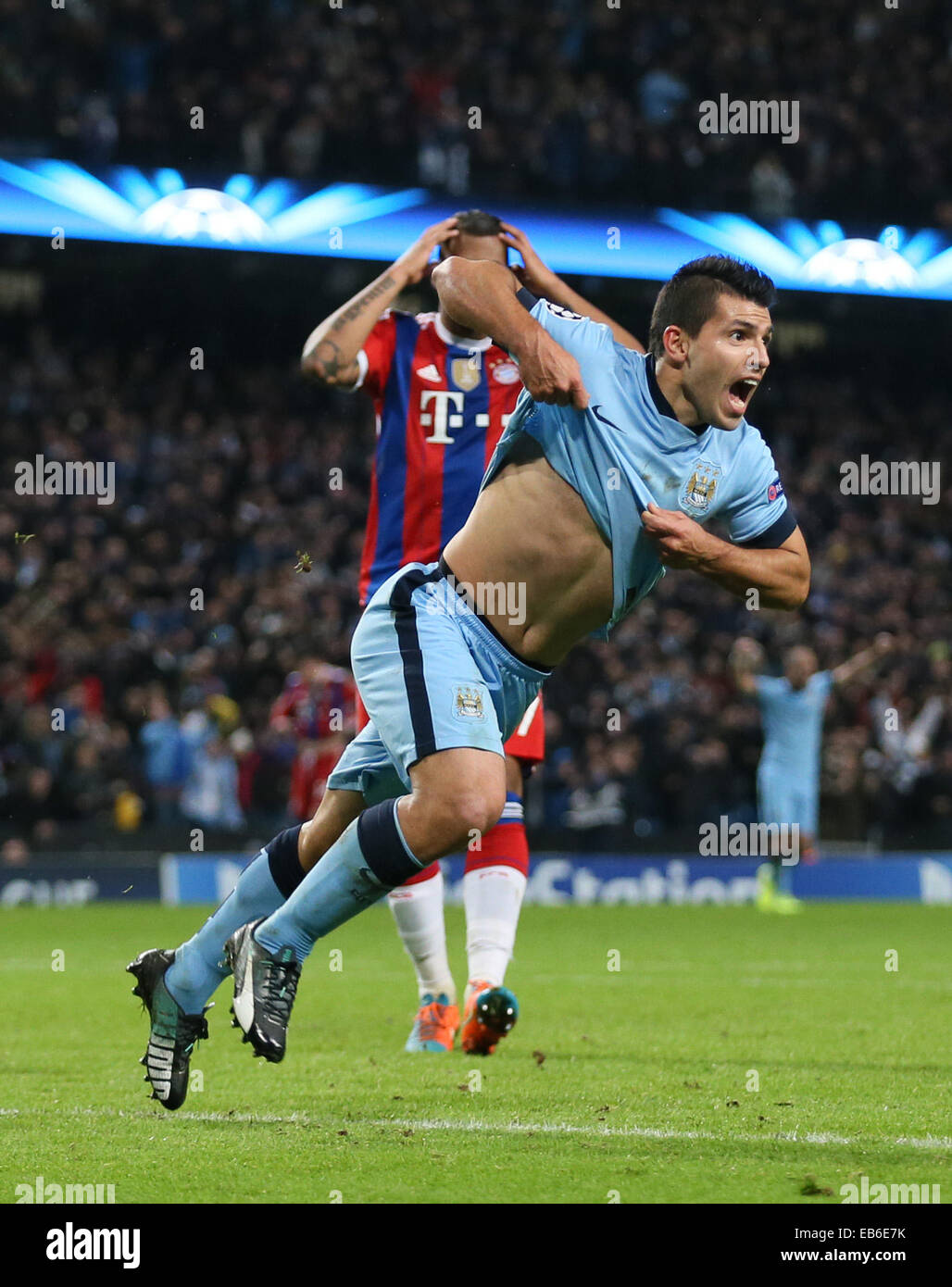 Nov. 25, 2014 - Manchester, United Kingdom - Sergio Aguero of Manchester  City celebrates scoring the winning goal - UEFA Champions League group E - Manchester  City vs Bayern Munich - Etihad, image size:1028x1390