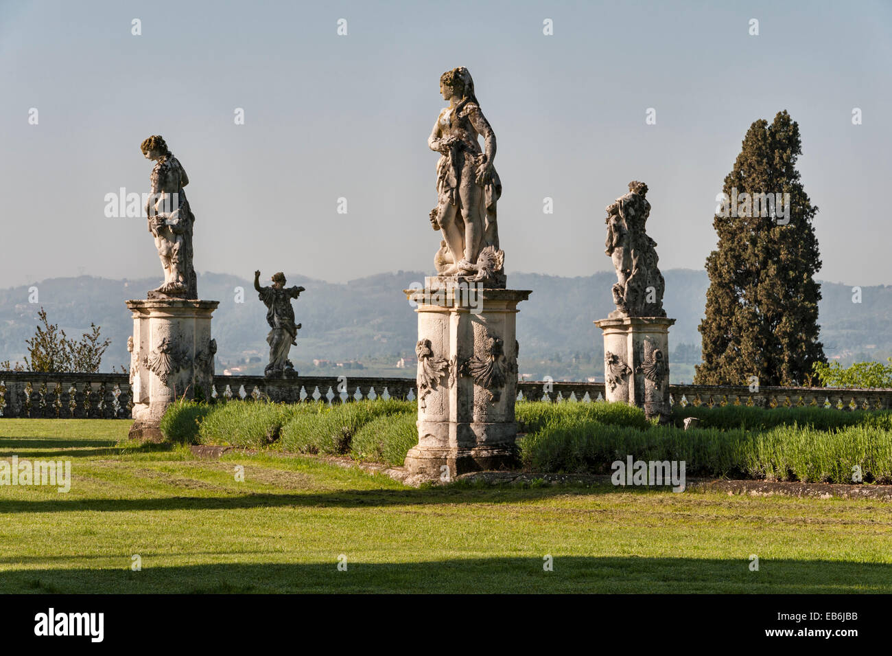 The romantic gardens of the early 18c Villa Trissino Marzotto, Vicenza, Italy. The lower garden is filled with statues by Orazio Marinali Stock Photo