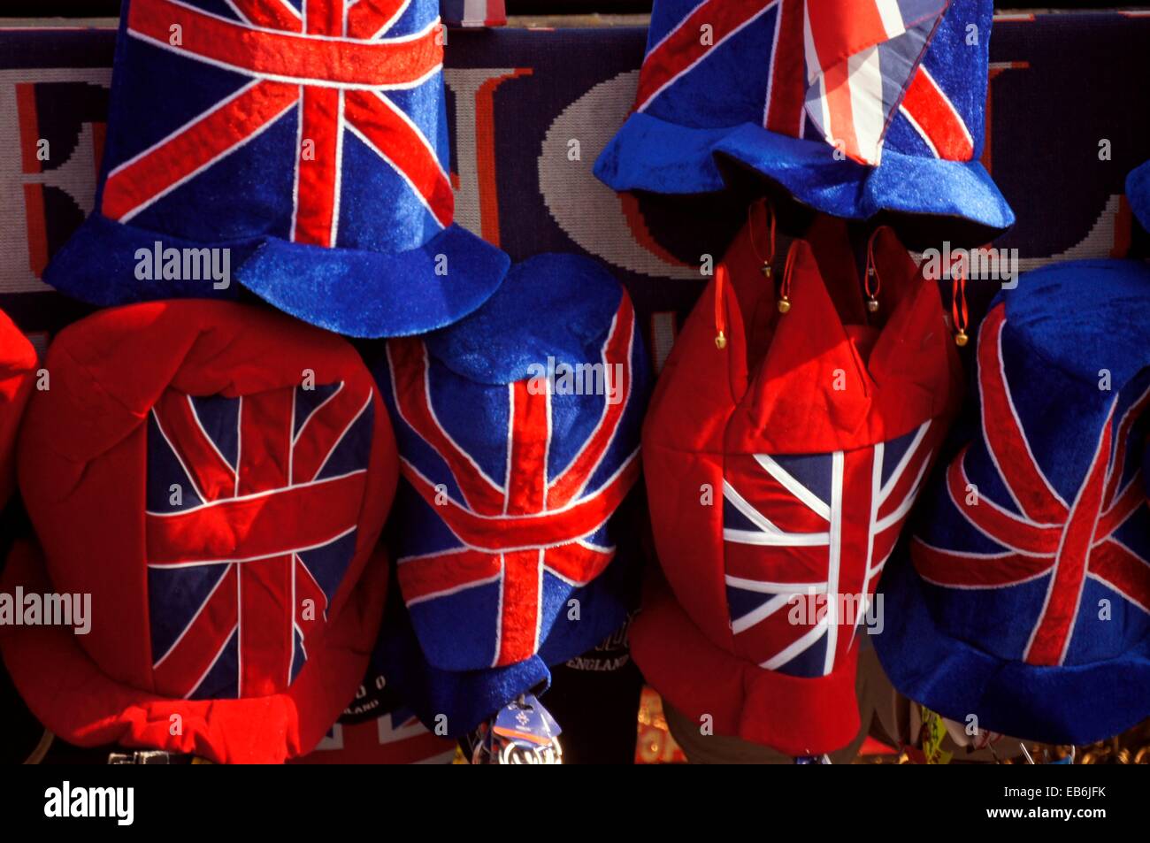 UK, London, souvenirs hats with the British Flag. Stock Photo