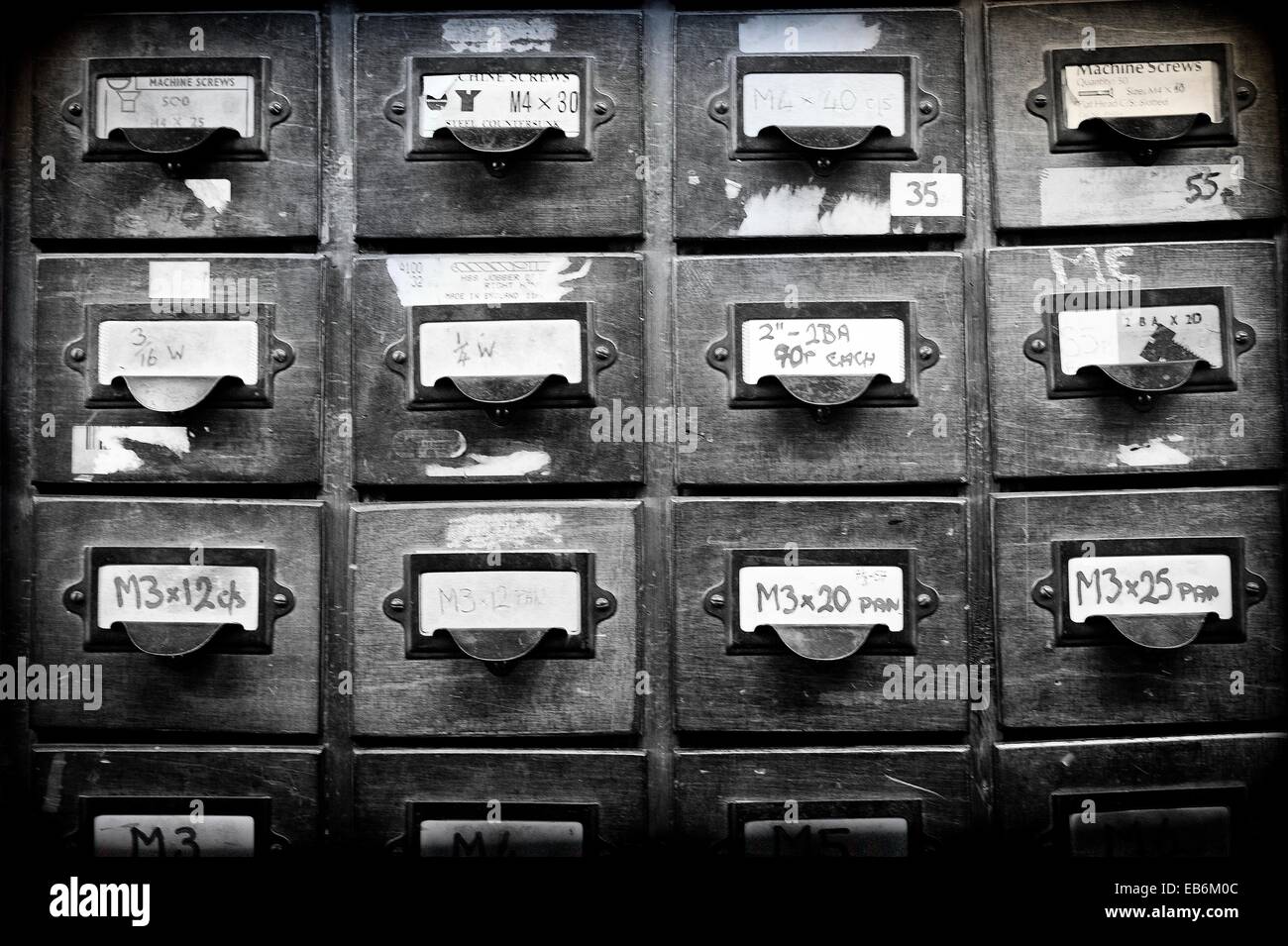 closeup of vintage furniture with drawers with numbers and references