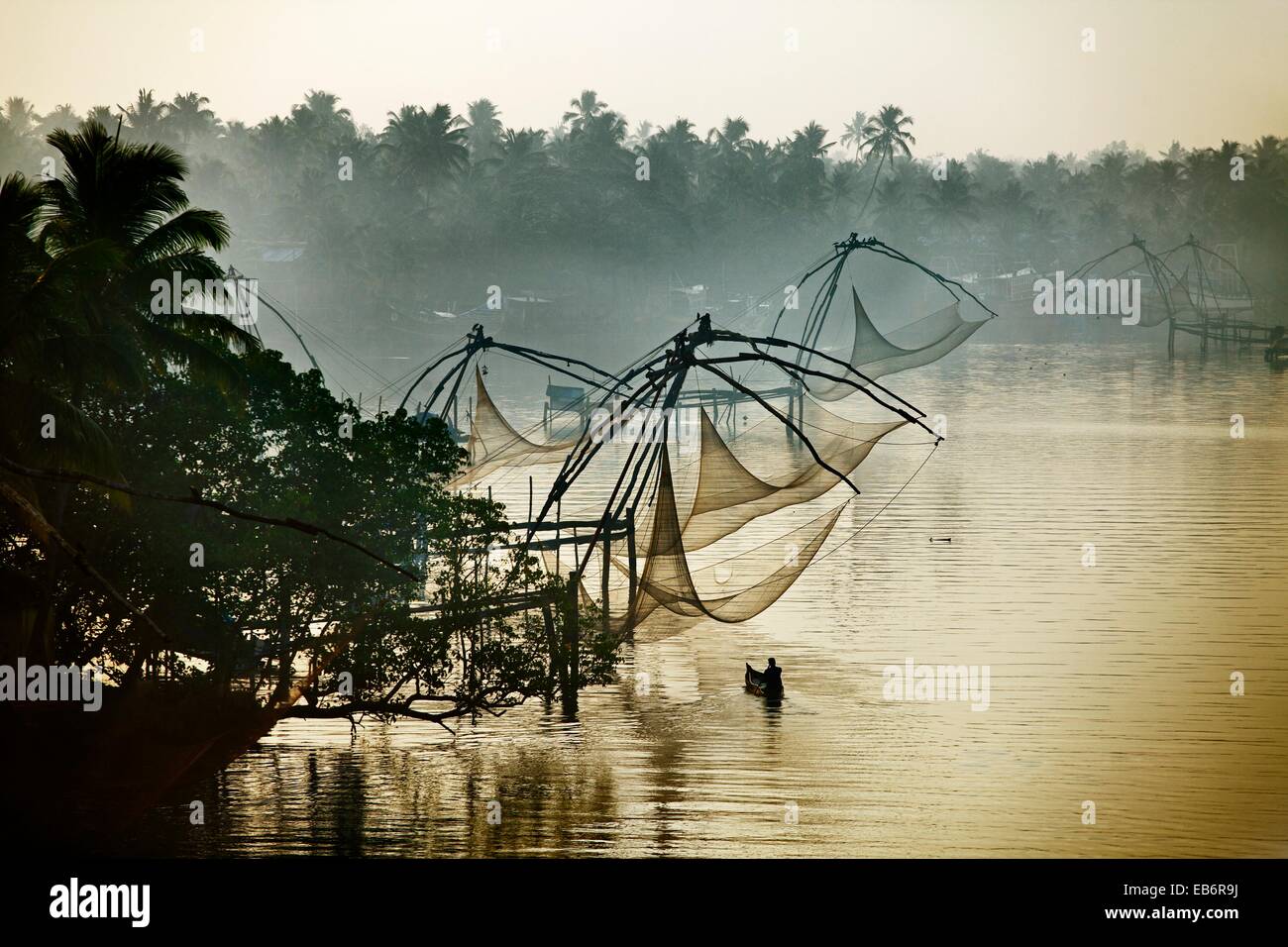 Chinese fishing net near Kochi, Cochin, Kerala, India. Stock Photo