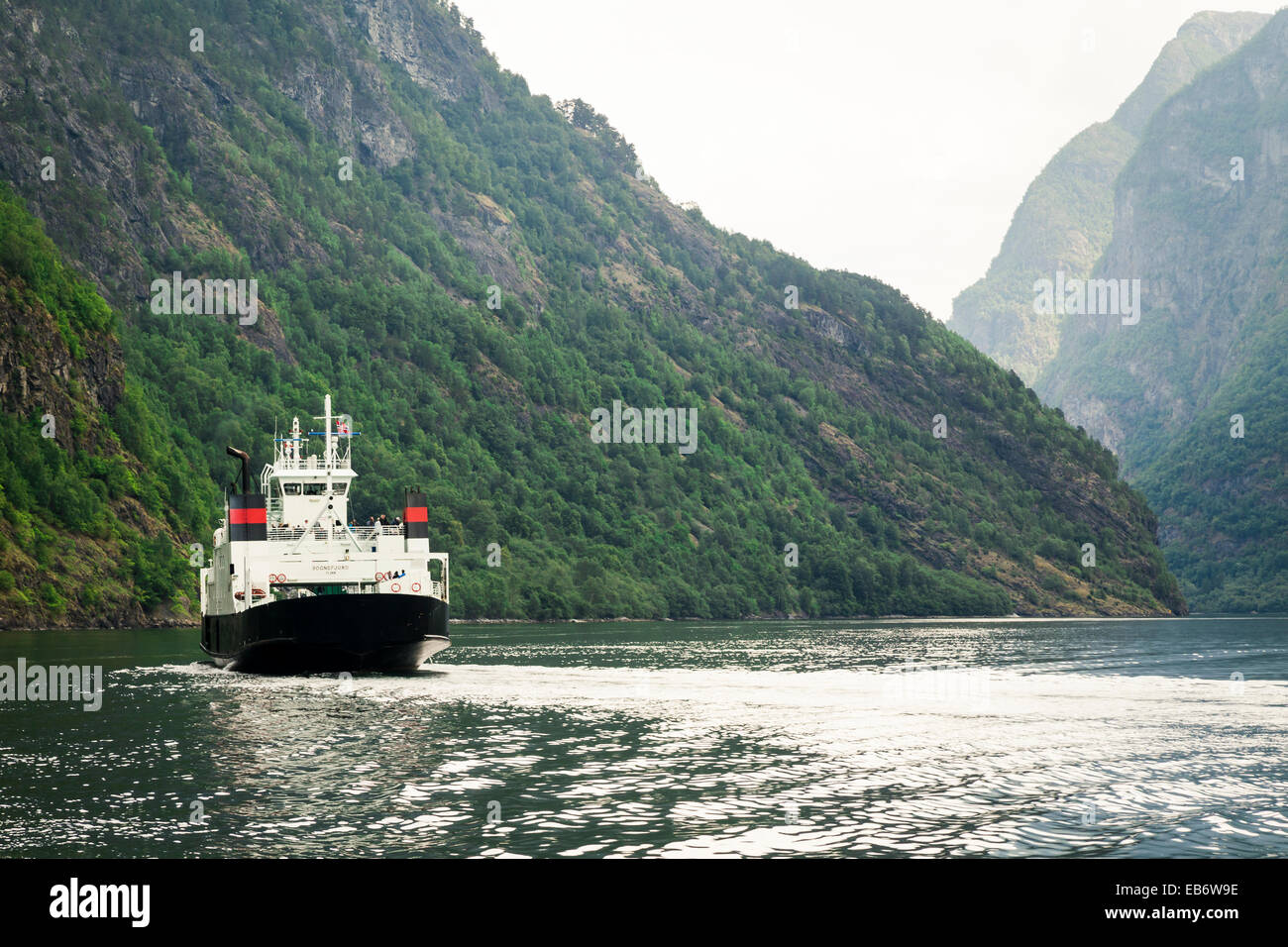 Ferry boat on Naeroyfjord, part of Sognefjord, Norway Stock Photo