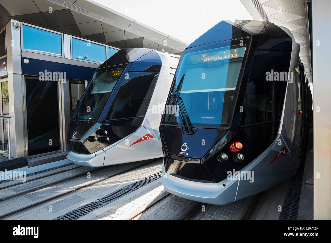 Station and trams on new Dubai Tram system in Marina district of Dubai United Arab Emirates Stock Photo