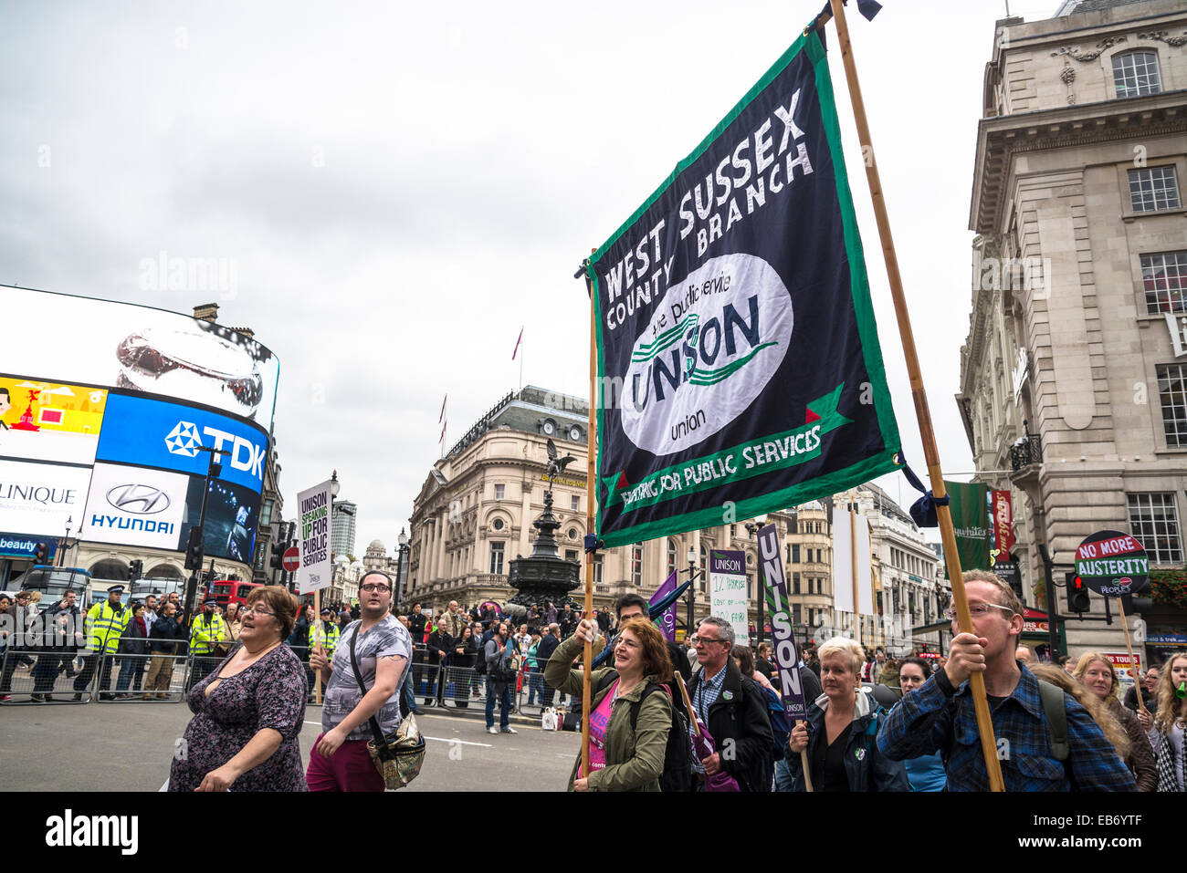 Britain Needs a Pay Rise march, Unison banner at Piccadilly Circus, London, 18 October 2014, UK Stock Photo