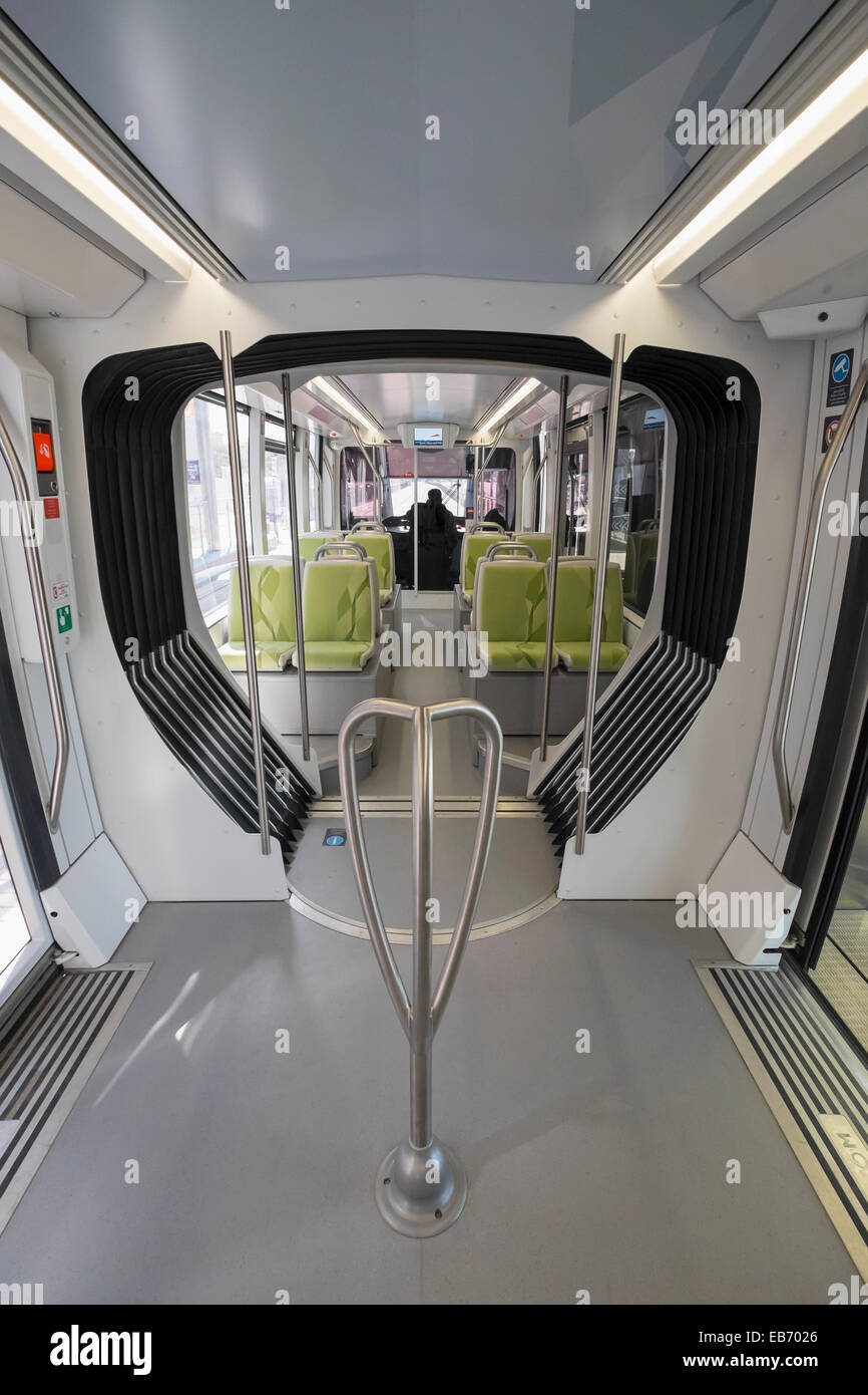 Interior of carriage of tram on new Dubai Tram system in Marina district of Dubai United Arab Emirates Stock Photo