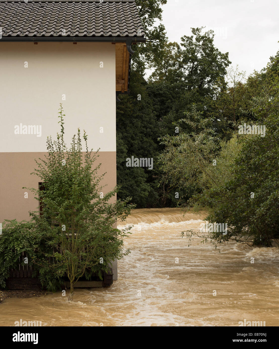 Flooded house, the water was very fast .. Location is Slovenia Stock Photo