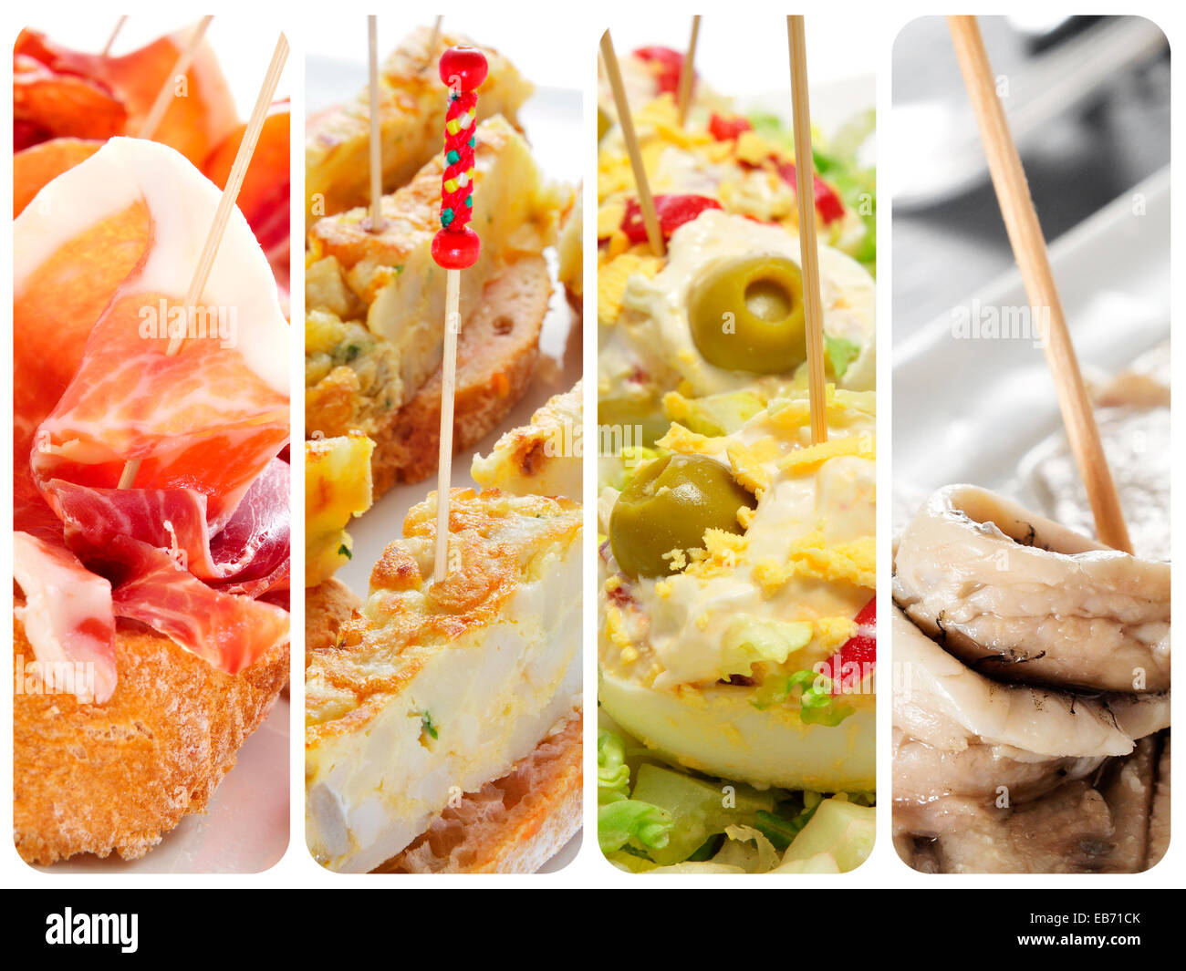 a collage with different spanish tapas, such as pincho de tortilla, pincho de jamon, stuffed eggs or boquerones Stock Photo