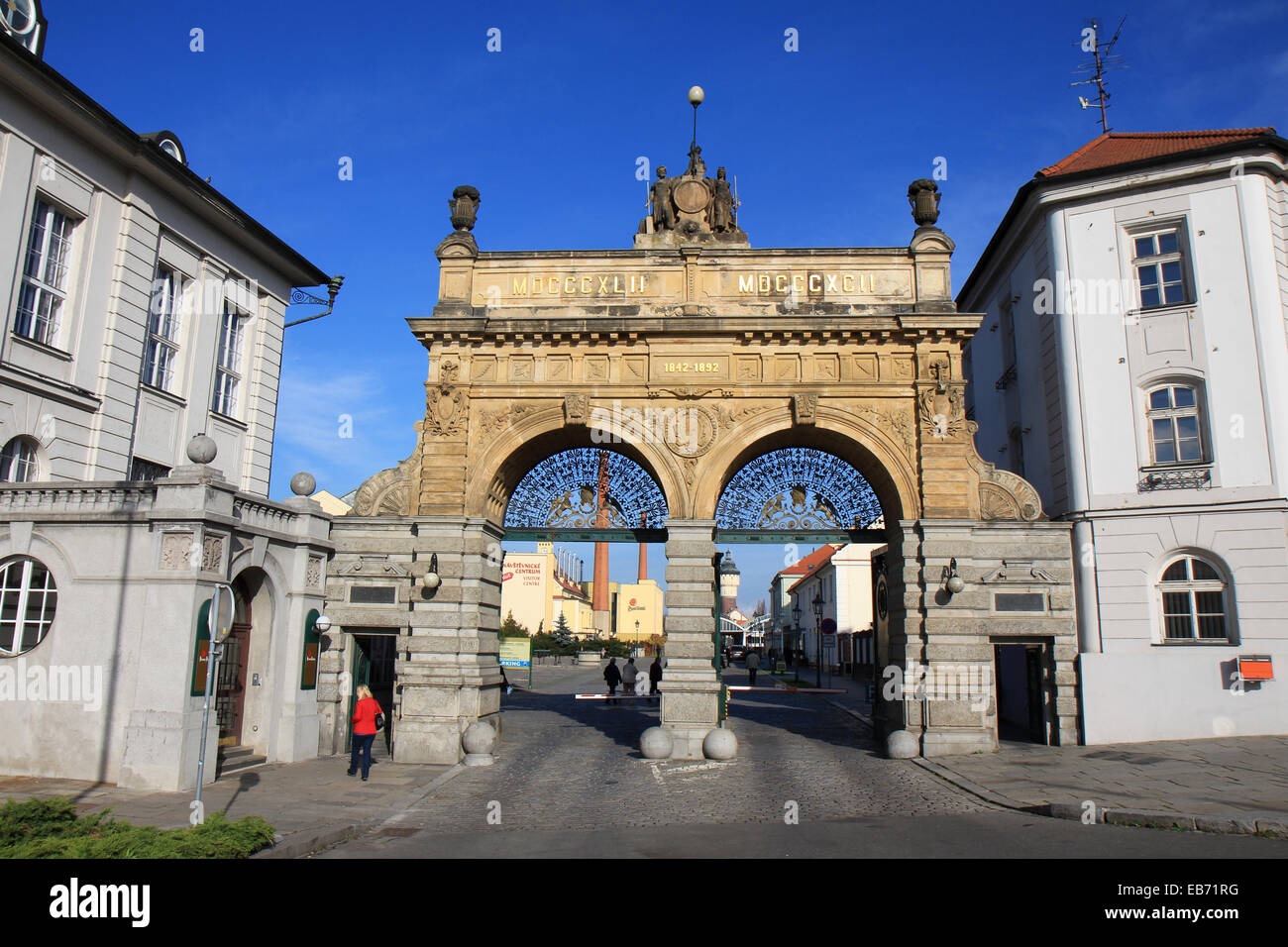 Czech Republic: Main gate of Pilsner Urquell brewery, Pilsen. Photo from 8. November 2014 Stock Photo