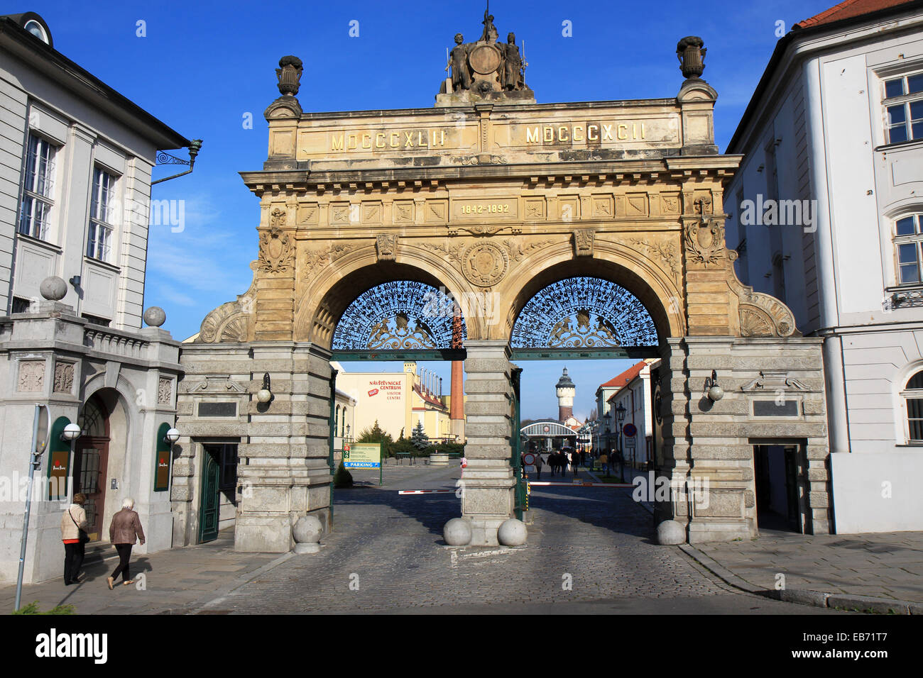 Czech Republic: Main gate of Pilsner Urquell brewery, Pilsen. Photo from 8. November 2014 Stock Photo