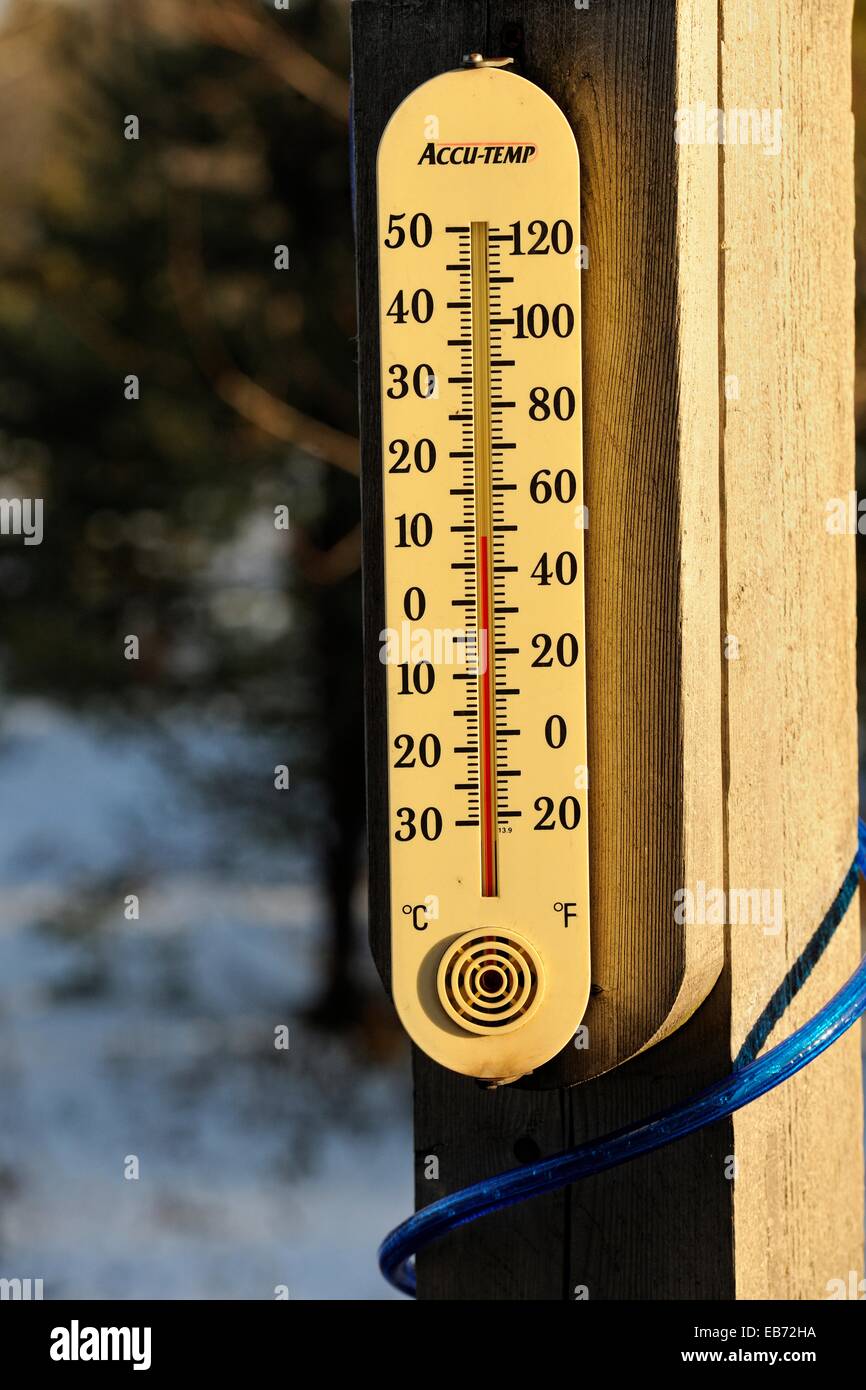 Outdoor thermometer on an unusually warm day in January, Greater Sudbury (Lively), Ontario, Canada. Stock Photo