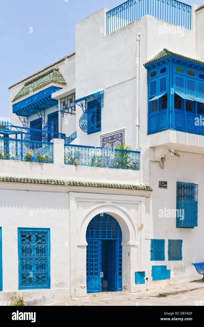 Blue and white building architecture in Sidi Bou Said, Tunisia Stock Photo