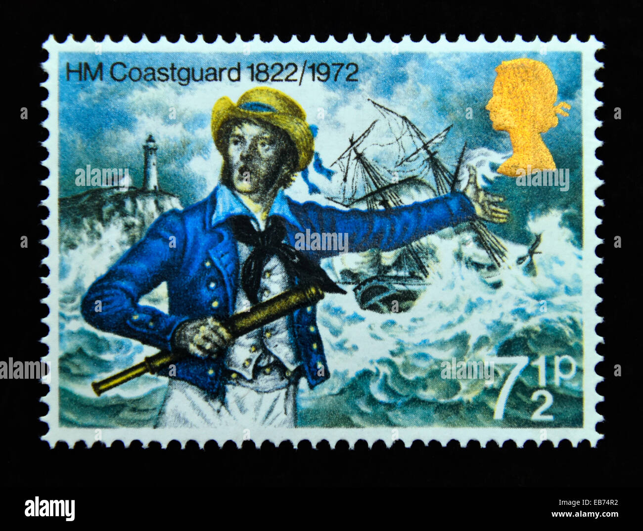Postage stamp. Great Britain. Queen Elizabeth II.General Anniversaries. H.M. Coastguard 1822-1972. 19th.Century Coastguard. 71/2 Stock Photo