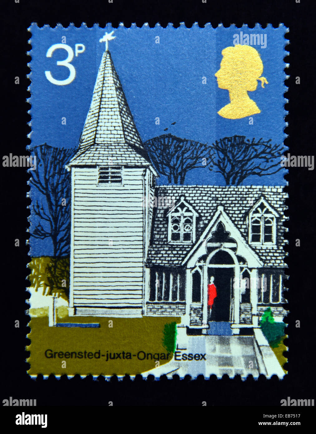 Postage stamp. Great Britain. Queen Elizabeth II. British Anniversaries. 1971. British Architecture. Village Churches. Stock Photo