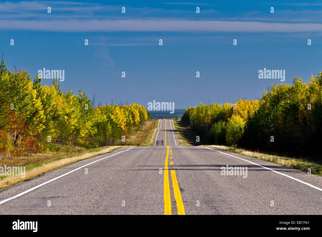 Highway 106 in north-central Saskatchewan with fall foliage color in the forests Stock Photo