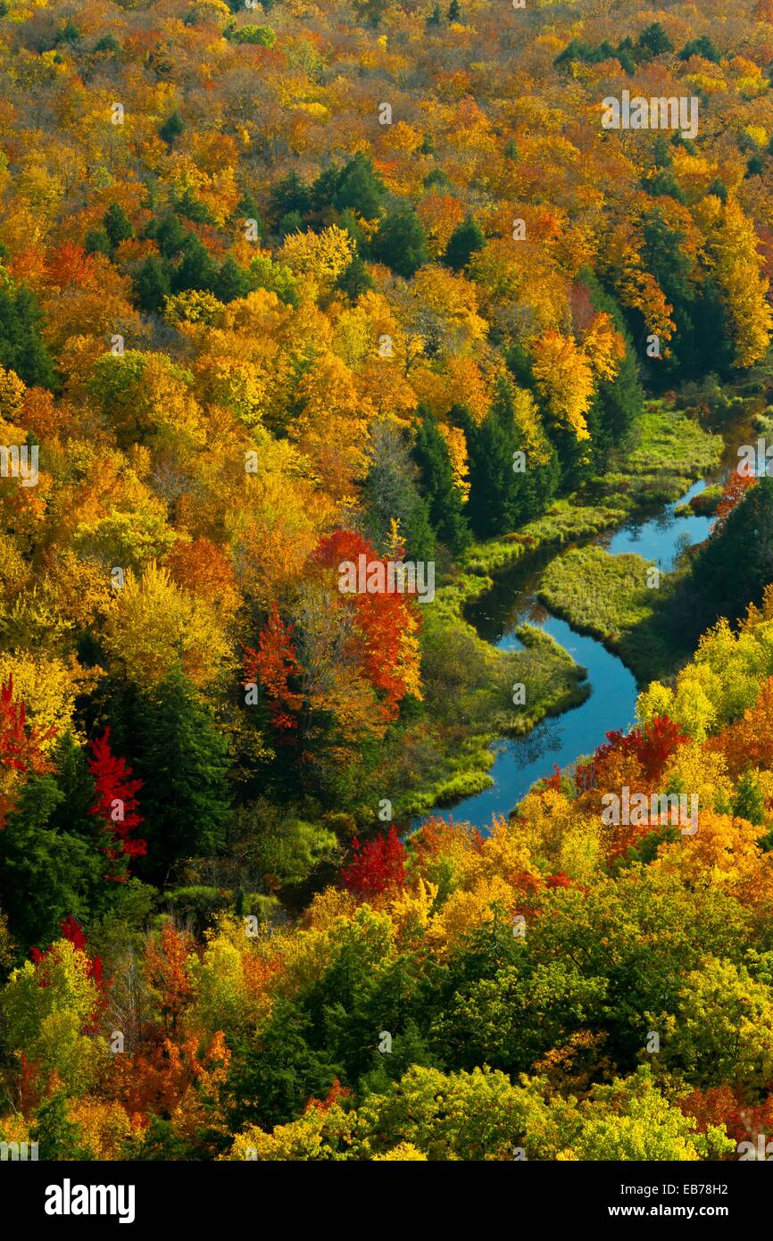 The Porcupine Mountains State Park with fall foliage color from the