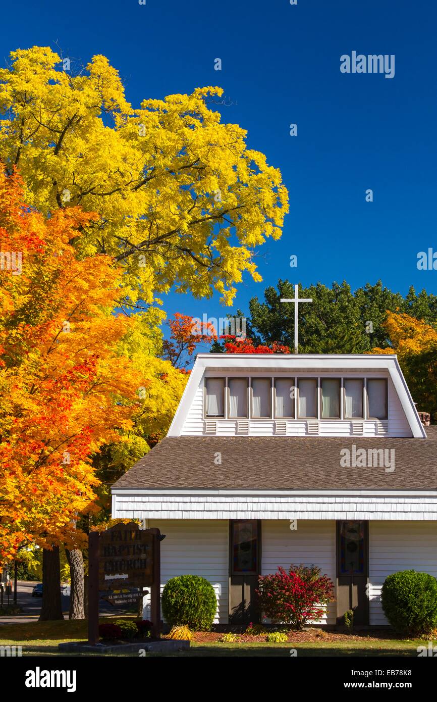 The Faith Baptist Church with fall foliage color in Bayfield, Wisconsin