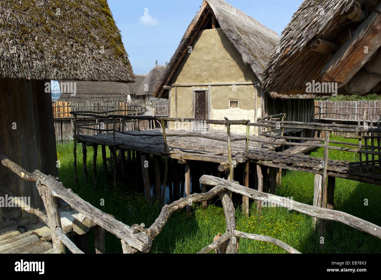 The Pfahlbauten is an open air museum displaying reconstructions Neolithic and Bronze Age pile dwellings  The buildings are Stock Photo