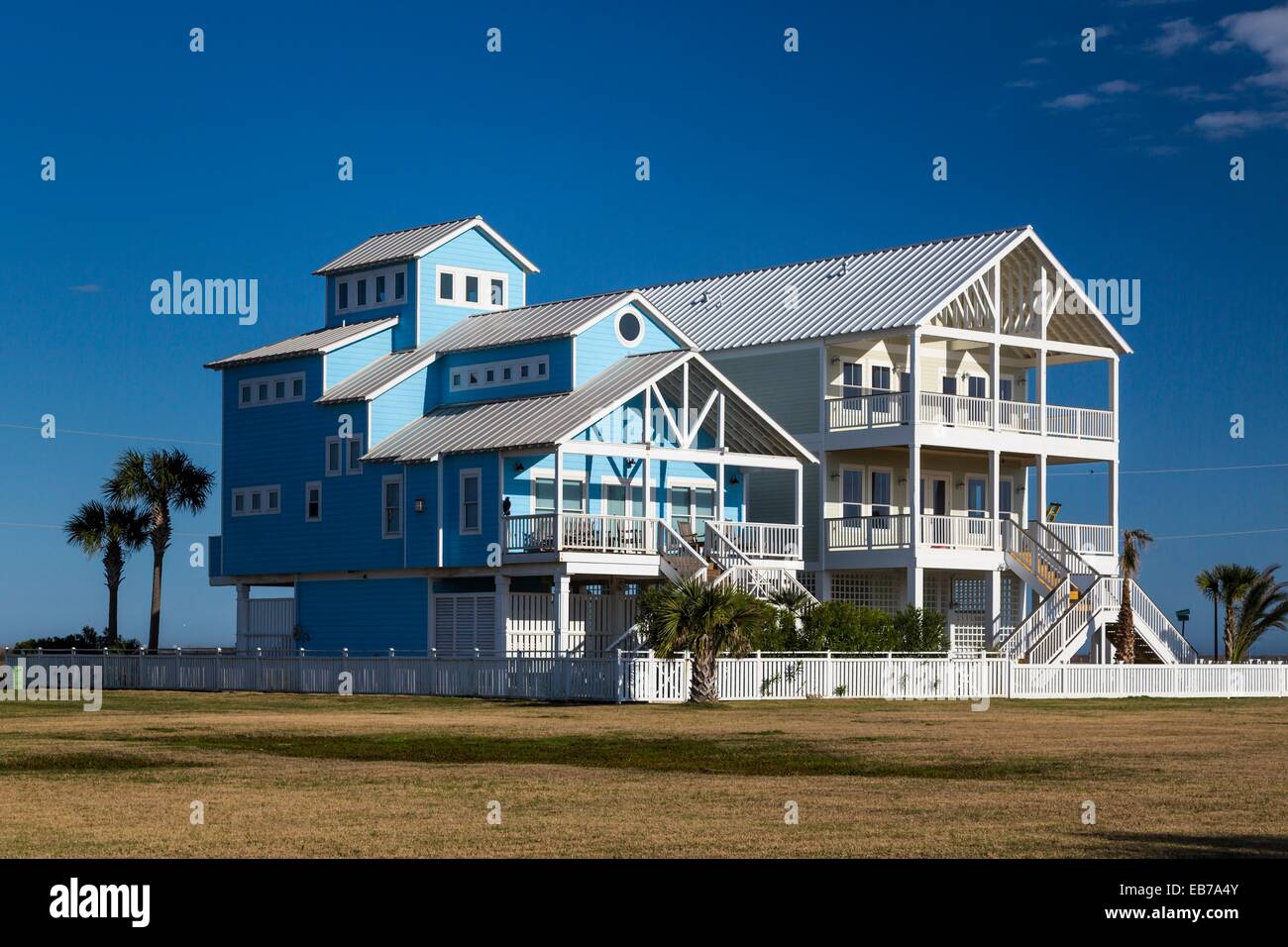 Vacation homes on the Gulf of Mexico beach on Galveston Island, Texas