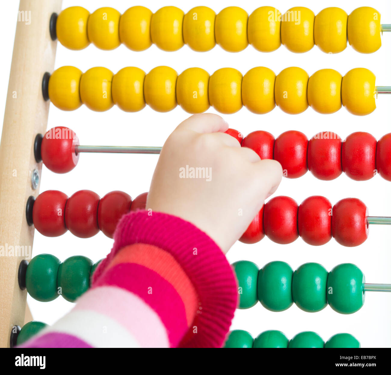 Child's hand counting on colorful abacus isolated Stock Photo