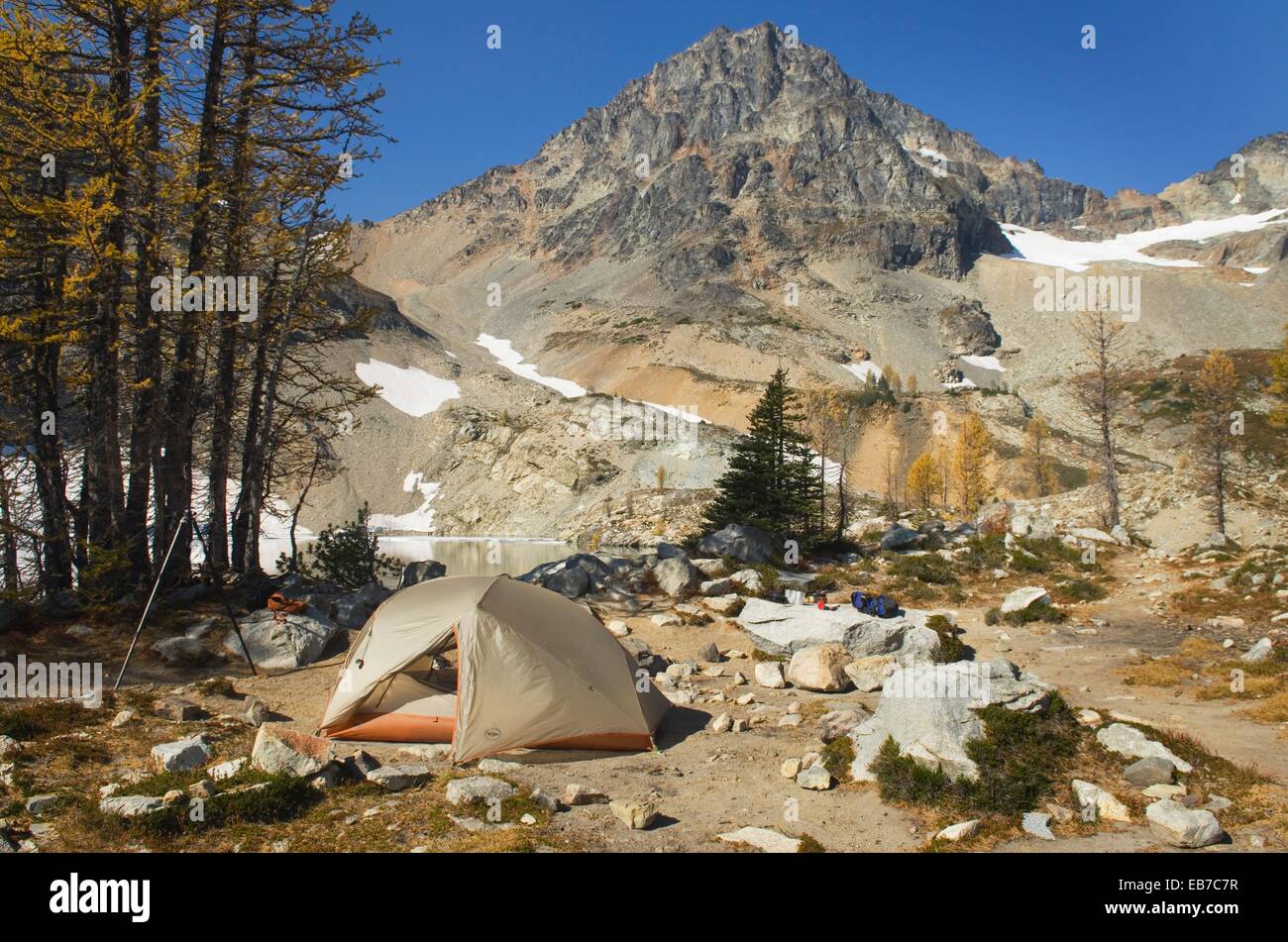 Campsite at Wing Lake, Black Peak is in the distance, North Cascades