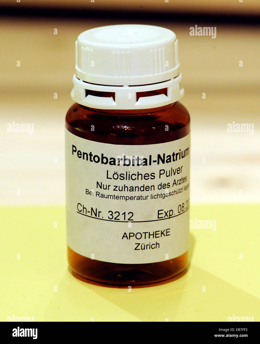 A bottle with Pentobarbital-Natrium, which is used in Switzerland for suicide, seen in Freiburg in the city-museum, April 26, 2012. Stock Photo
