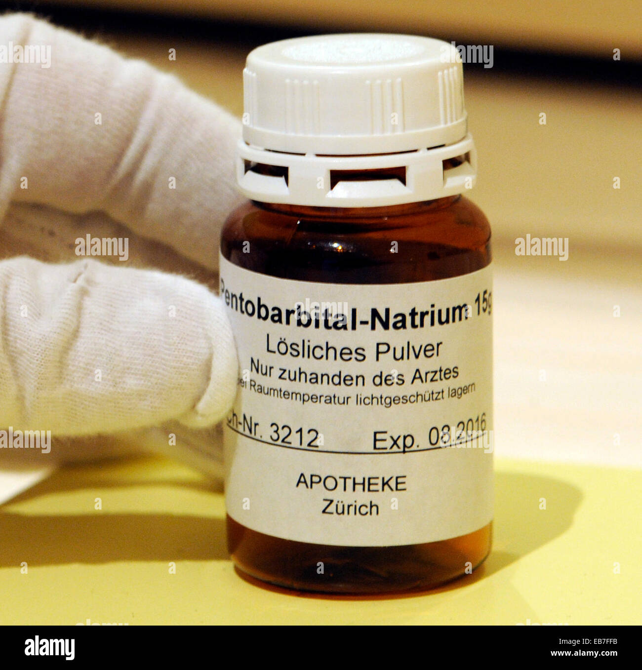 A bottle with Pentobarbital-Natrium, which is used in Switzerland for suicide, seen in Freiburg in the city-museum, April 26, 2012. Stock Photo