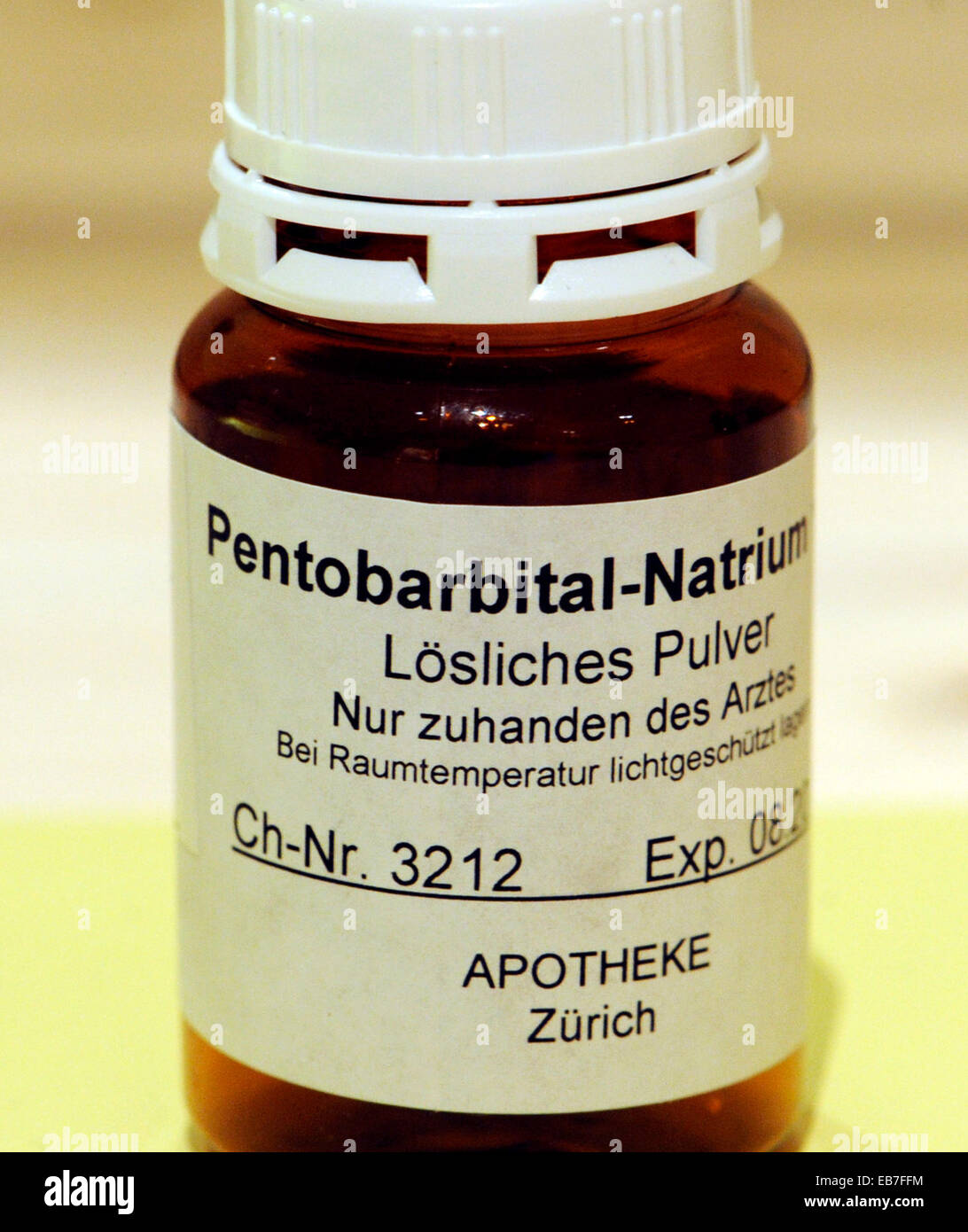 A bottle with Pentobarbital-Natrium, which is used in Switzerland for suicide, seen in Freiburg in the city-museum, April 26, 2012. Stock Photo