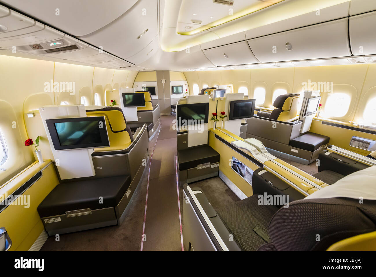First Class Cabin Of A Lufthansa 747 Jet At Frankfurt Airport