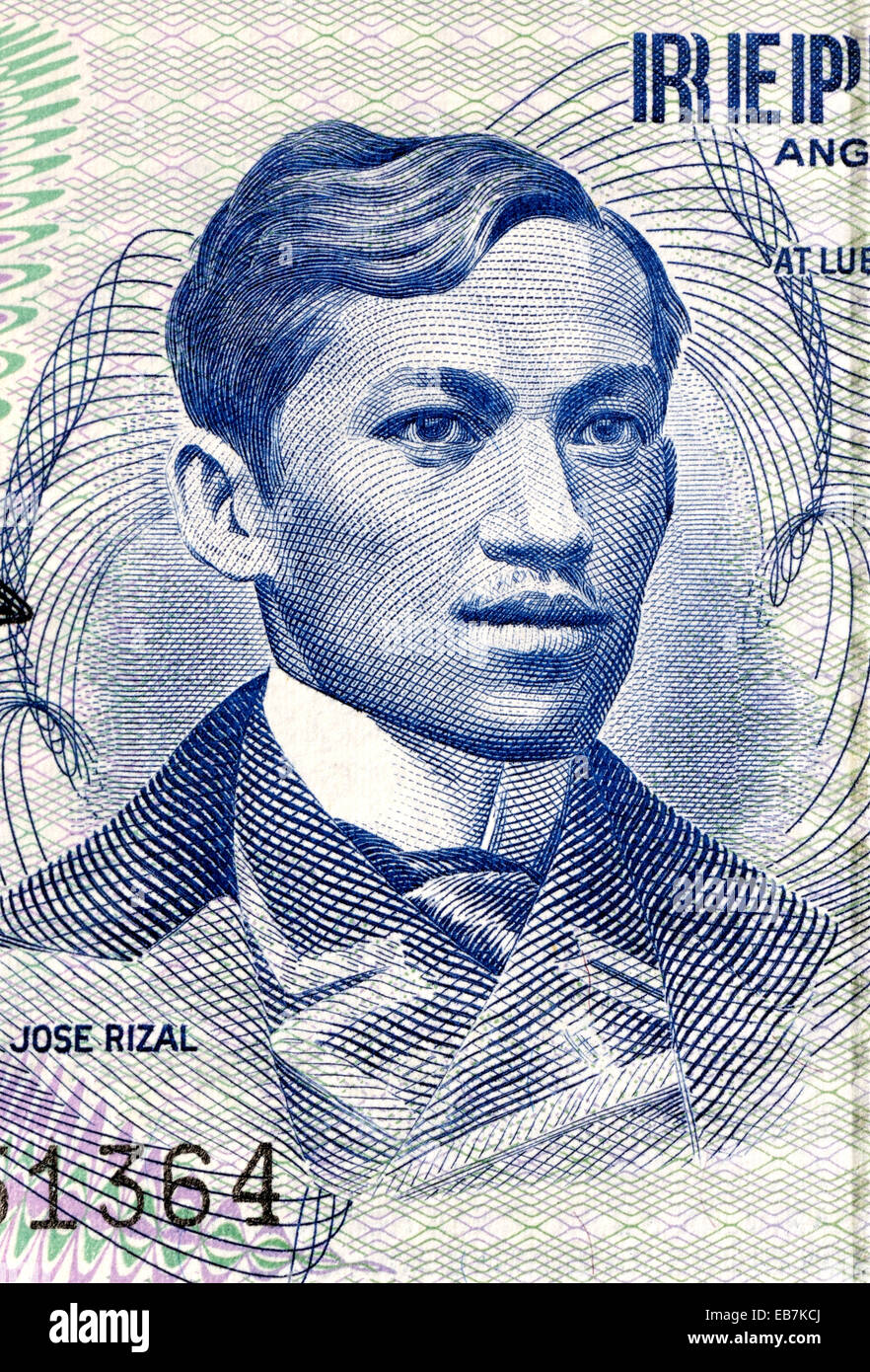 Detail from a Philippine banknote showing anti-forgery printing details and portrait of Jose Rizal Stock Photo