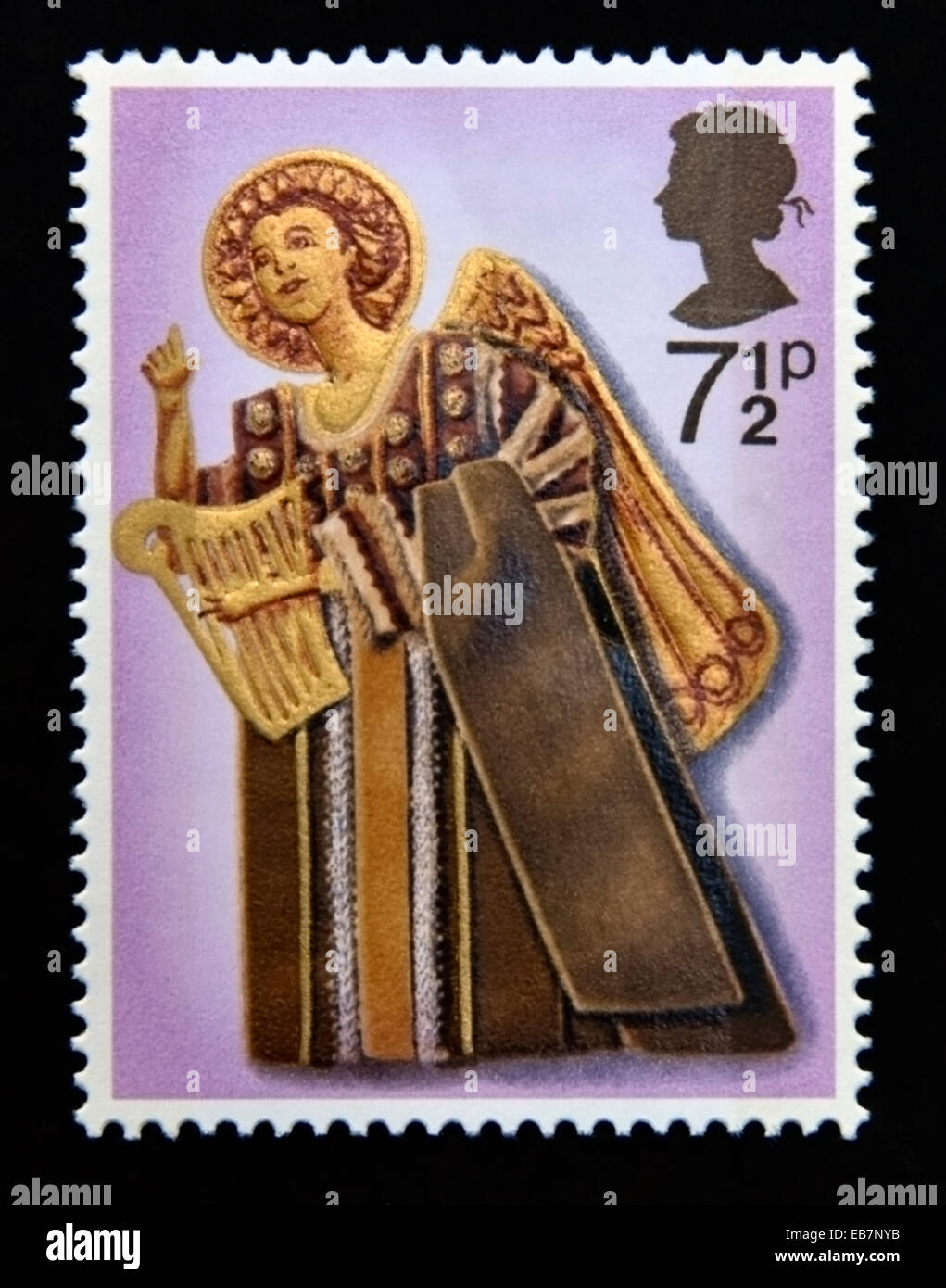 Postage stamp. Great Britain. Queen Elizabeth II. Christmas 1972. Angel playing Harp. 71/2p. Stock Photo