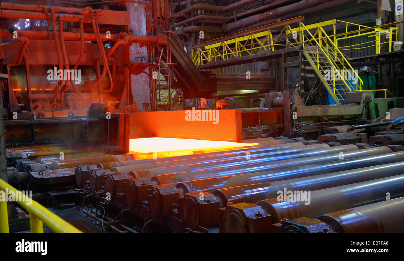 hot steel sheet on conveyor; sheet metal Stock Photo