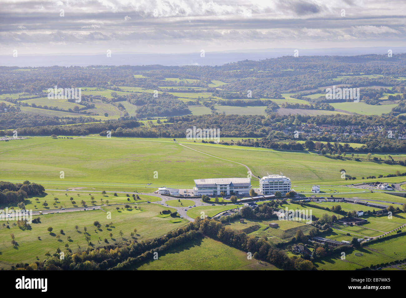 An aerial view of Epsom Downs racecourse and the countryside beyond. Stock Photo