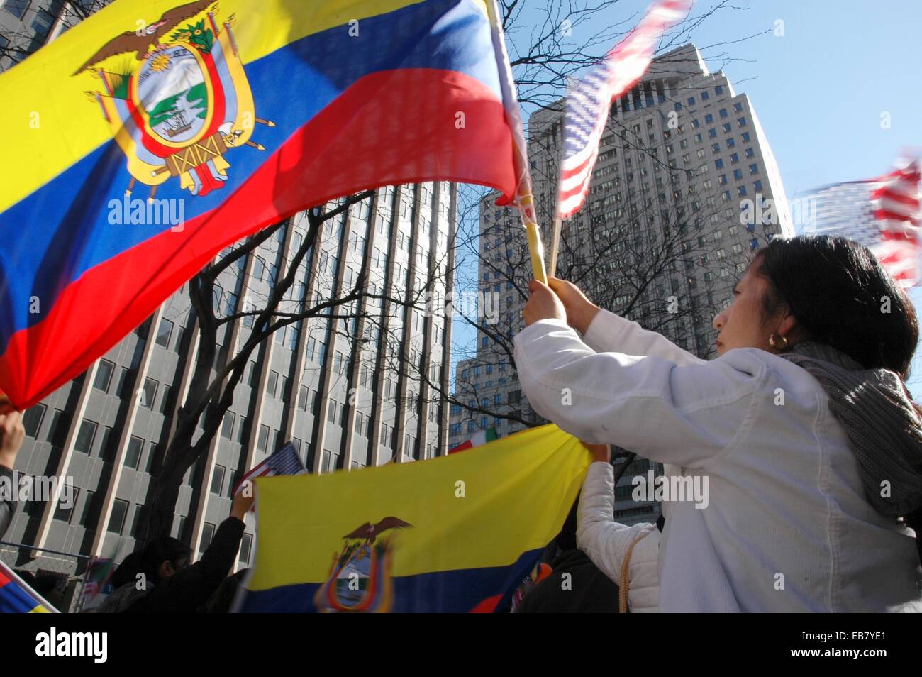 New York City, Ecuadorian immigrant protesting against too strict laws, Manhattan Stock Photo