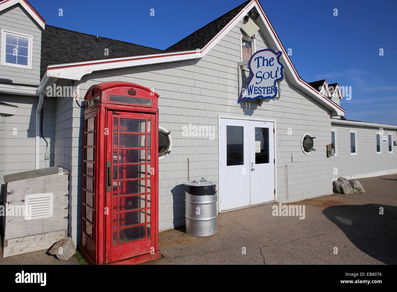 The Sou'Wester restaurant and red british phone booth at Peggy's Cove