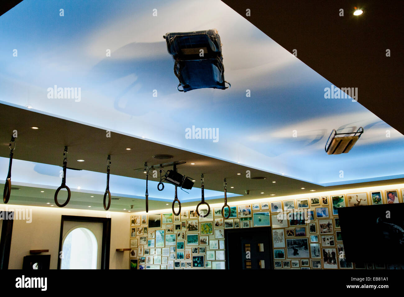 The Cresta Run bar and club room within the bowels of the iconic KULM HOTEL, St. Moritz, Switzerland Stock Photo