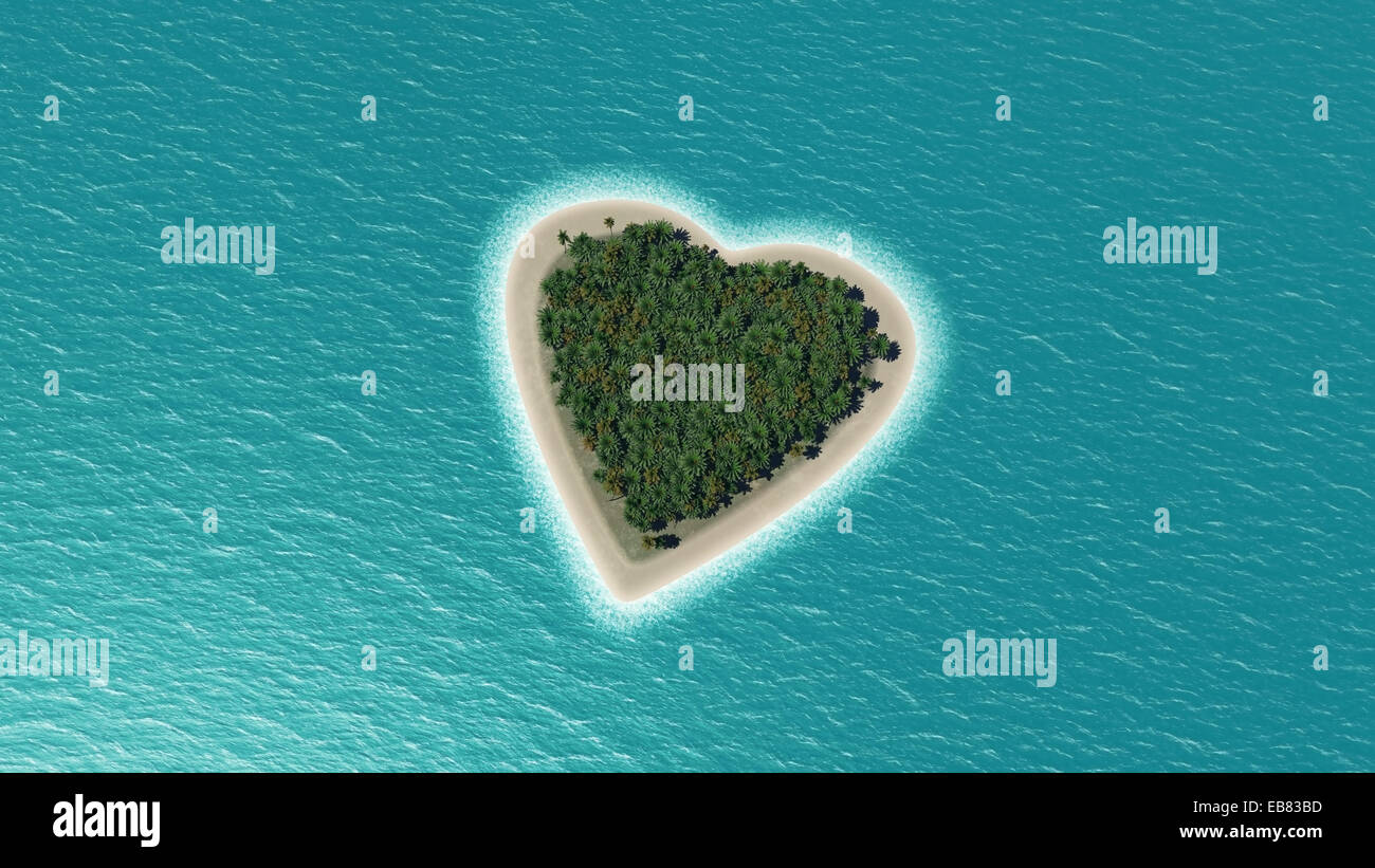 3D render of a heart shaped island in the ocean with palm trees Stock ...