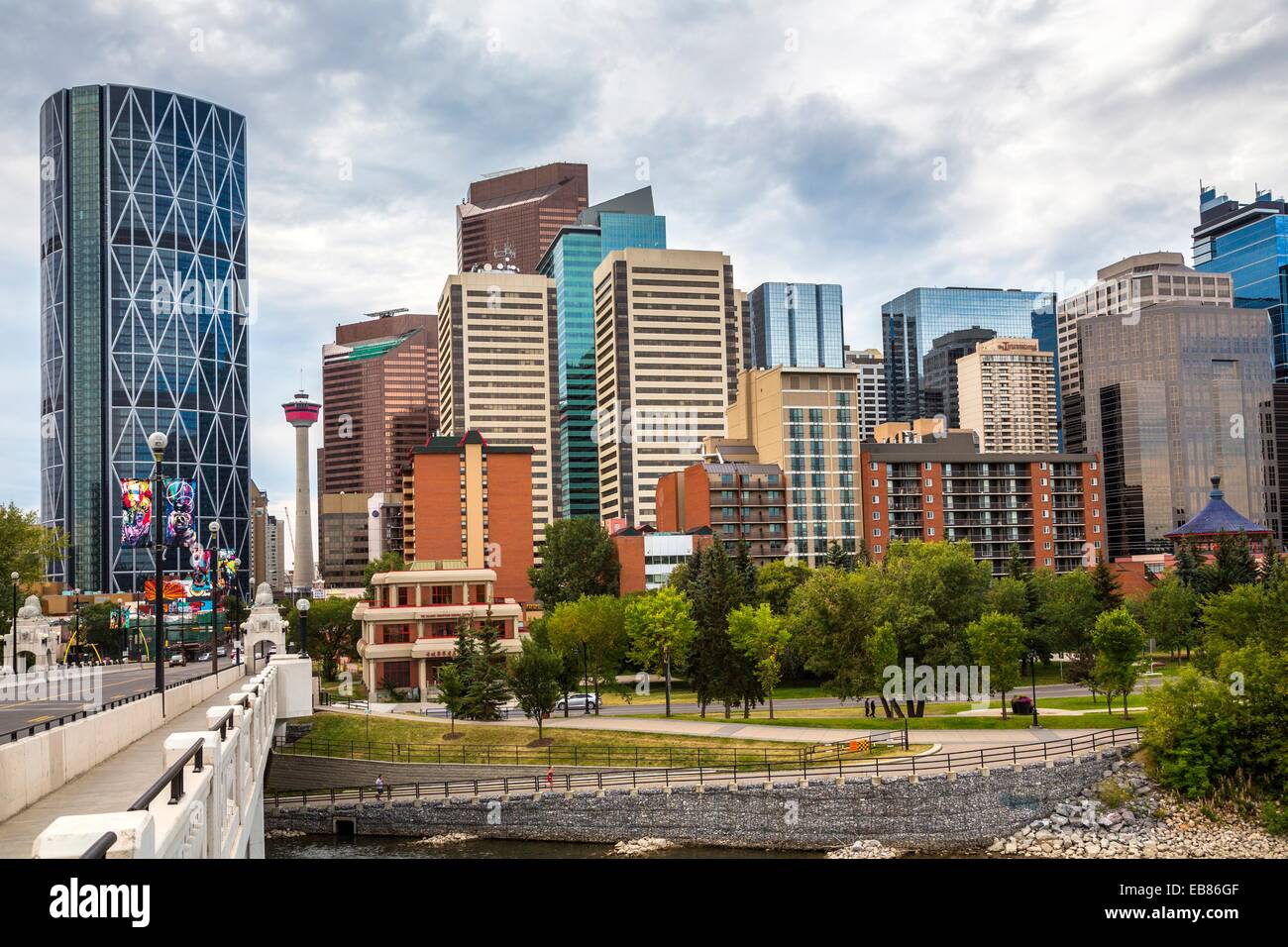 Skyline of Calgary with the Bow Tower in Alberta, Canada Stock Photo ...