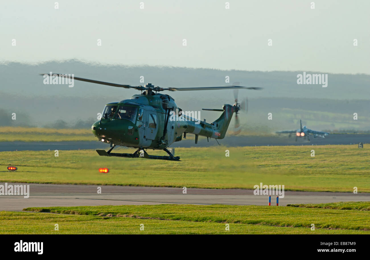 UK-Army Westland Lynx WG-13 AH7 Helicopter XZ222 lifting off at RAF Lossiemouth, Moray.  SCO 9233. Stock Photo