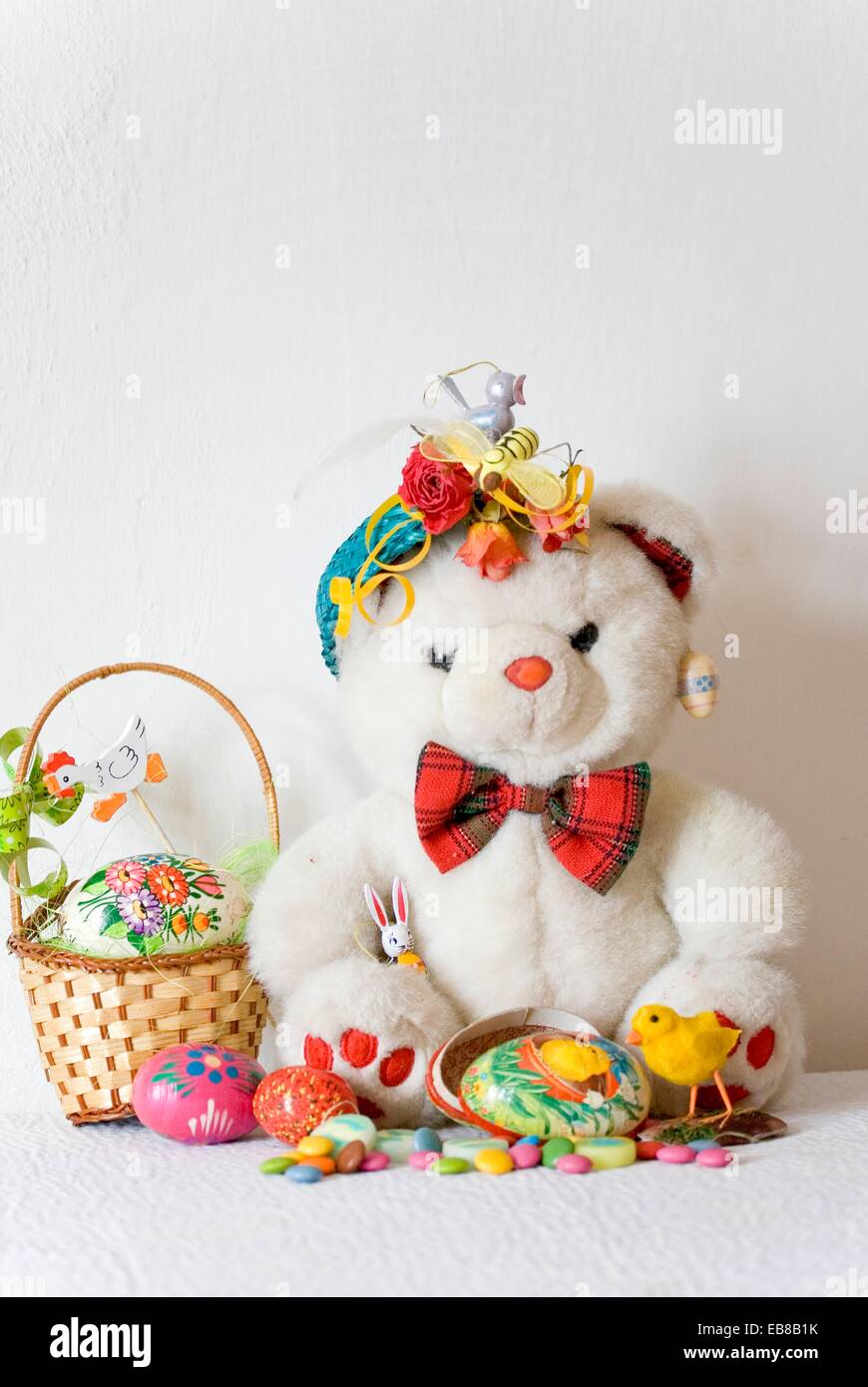 White Teddy Bear with papier mache Easter Egg Fatso the Bear has papier