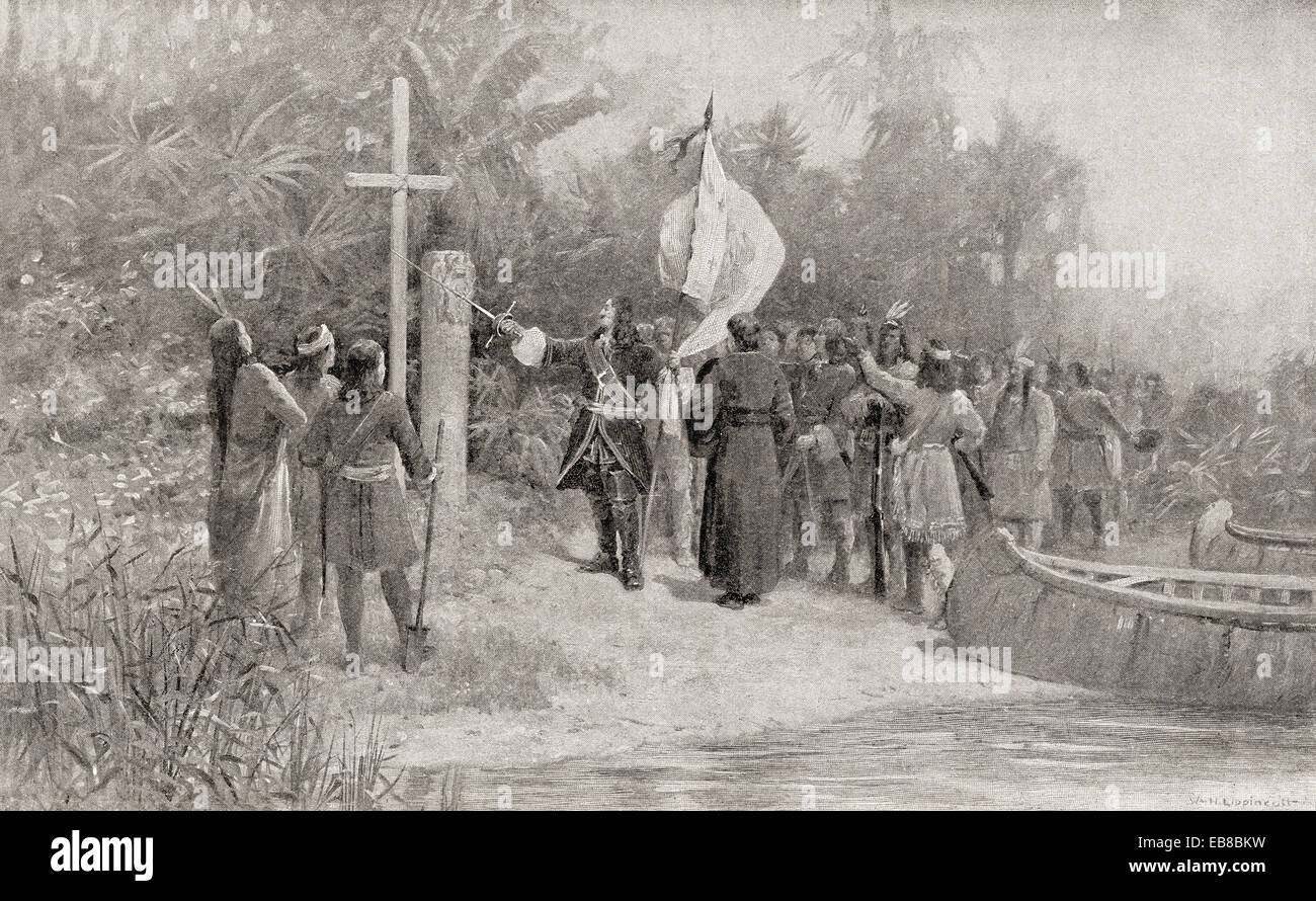 La Salle claiming the entire Mississippi River basin for France in 1682