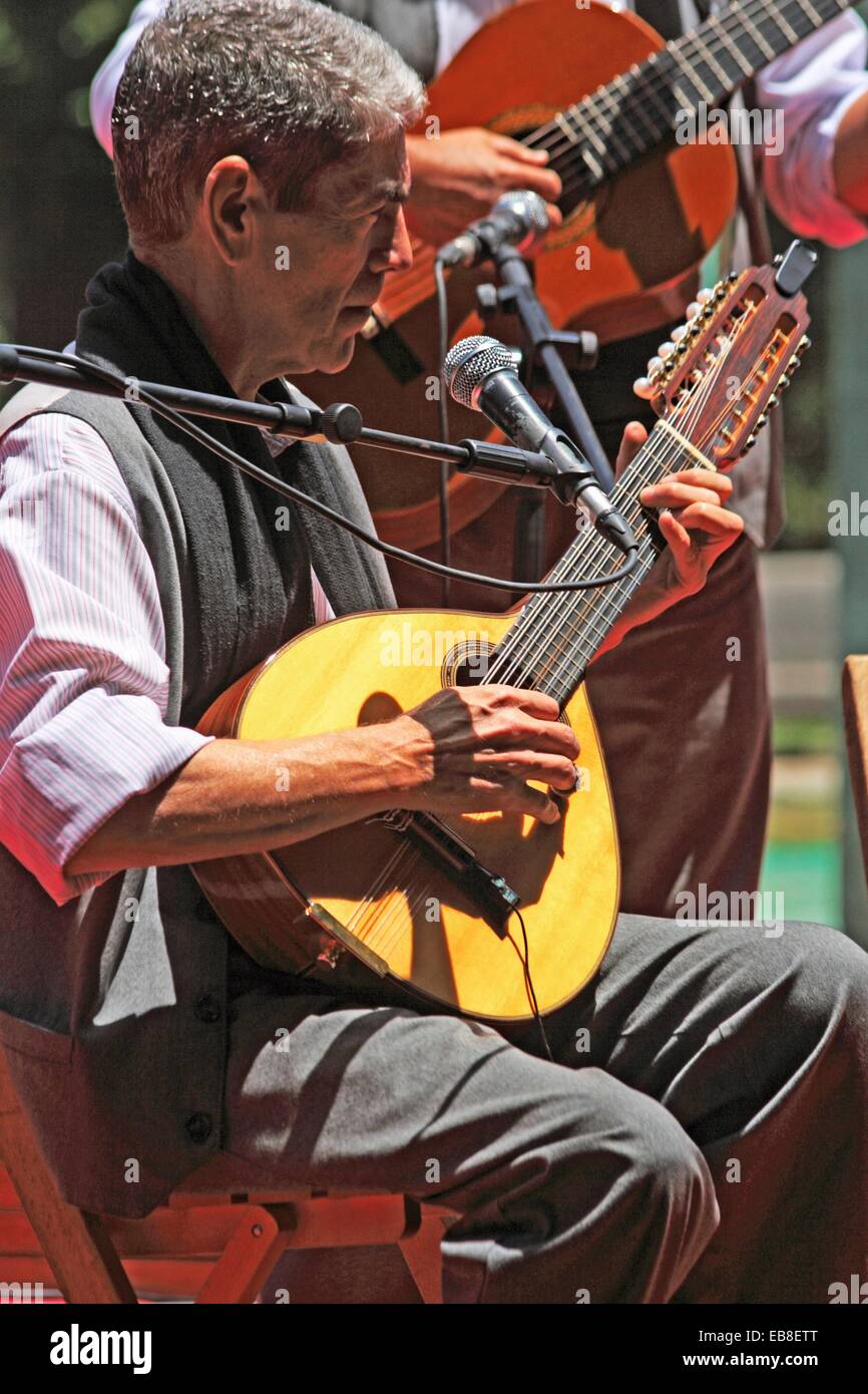 canarian guitarist seated playing the bandurria or lute-type instrument  accompanied by a man standing playing the spanish guitar Stock Photo - Alamy