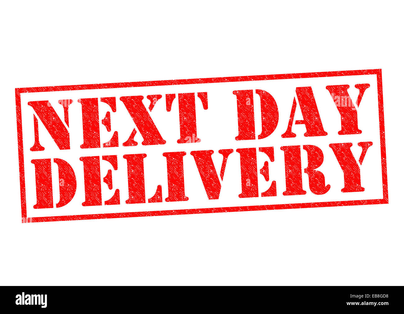 NEXT DAY DELIVERY red Rubber Stamp over a white background Stock Photo