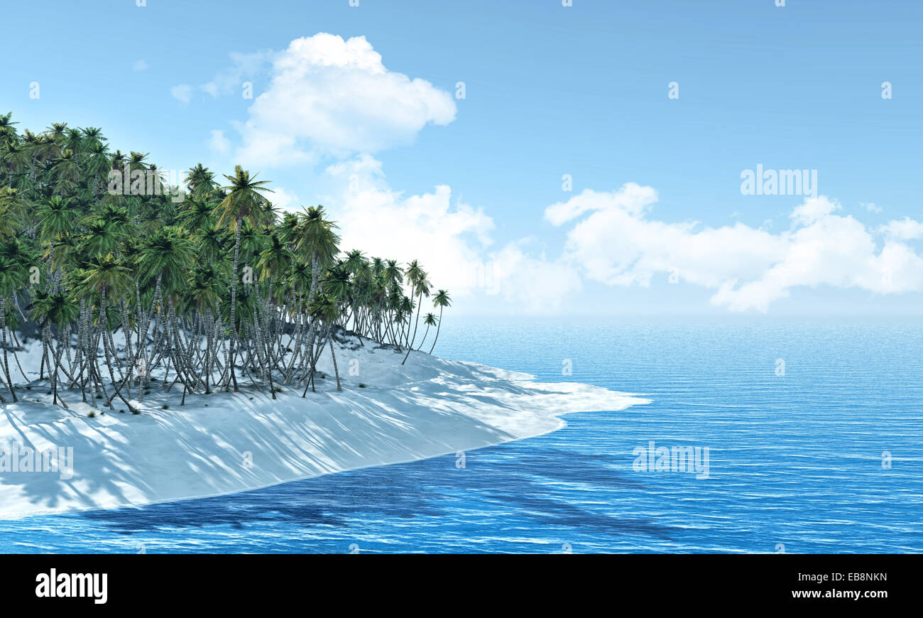 3D render of a palm tree island against a blue sky with fluffy white ...