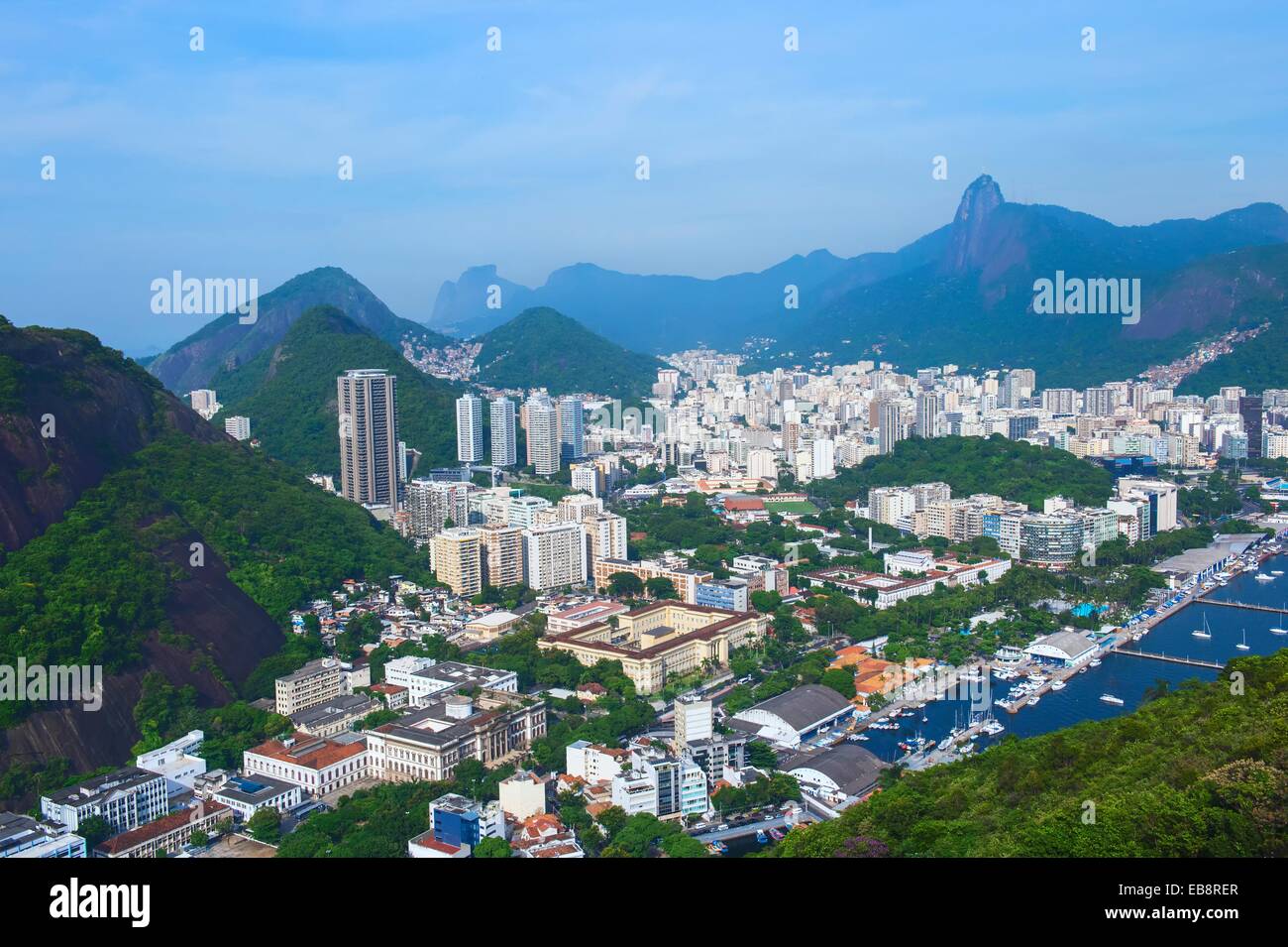 View over Botafogo and the Corcovado from the Sugar Loaf Mountain, Rio de Janeiro, Brazil. Stock Photo