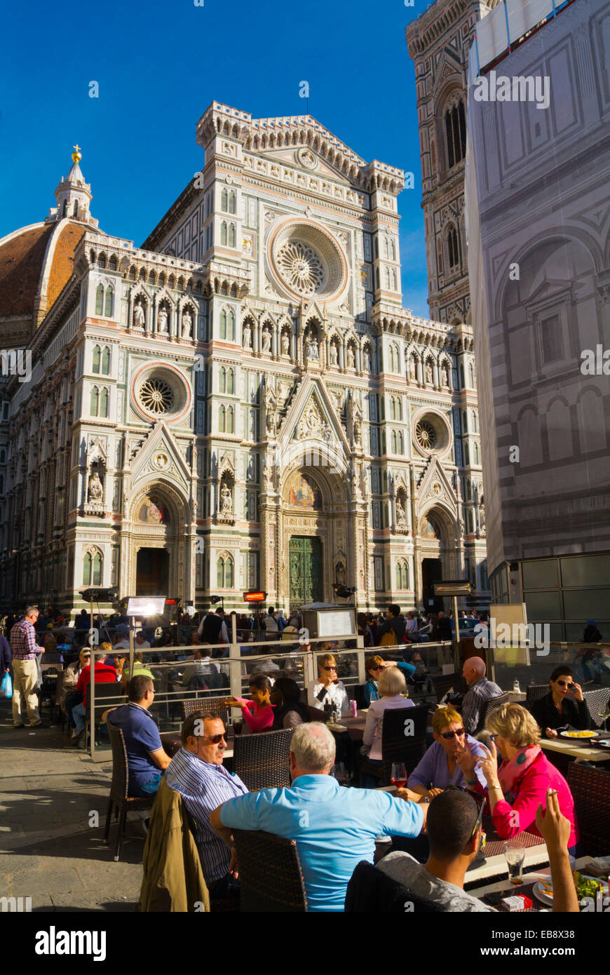 Restaurant terraces in front of duomo, the Cathedral, Florence, Tuscany, Italy Stock Photo