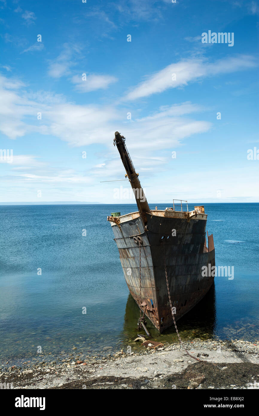 The Wreck of the Frigate Lord Lonsdale Beached at Punta Arenas, Patagonia, Chile. Stock Photo