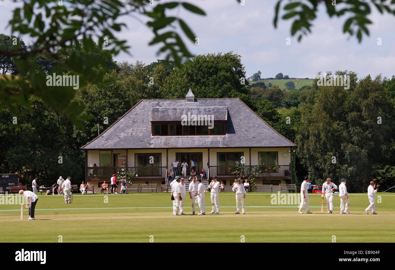Chagford Cricket Club,Devonshire, playing Fenniton on their scenic ground on the edge of Dartmoor Stock Photo