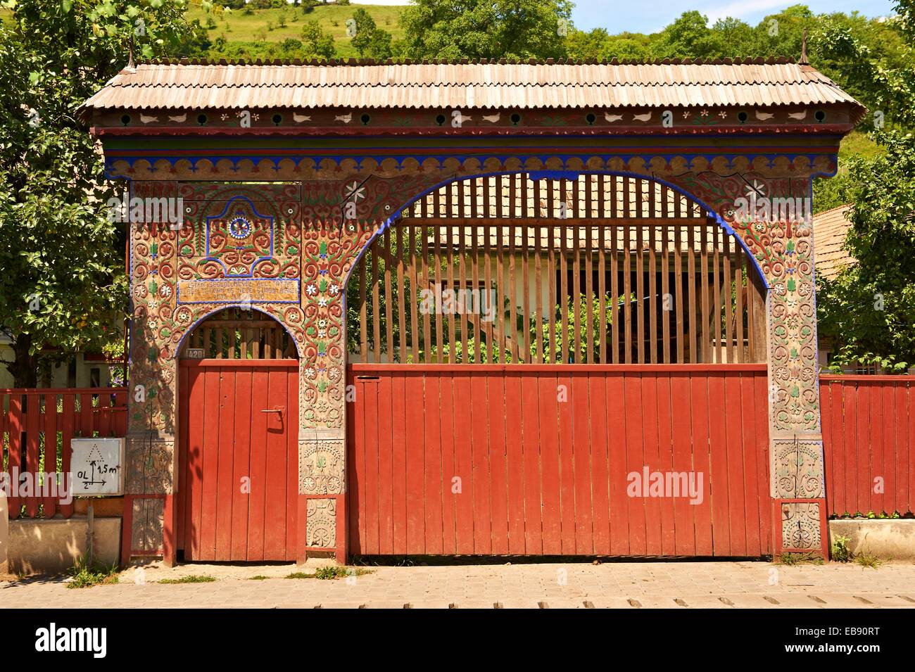 Traditional wooden Székely Szekely gates in Szekely village near Cluj
